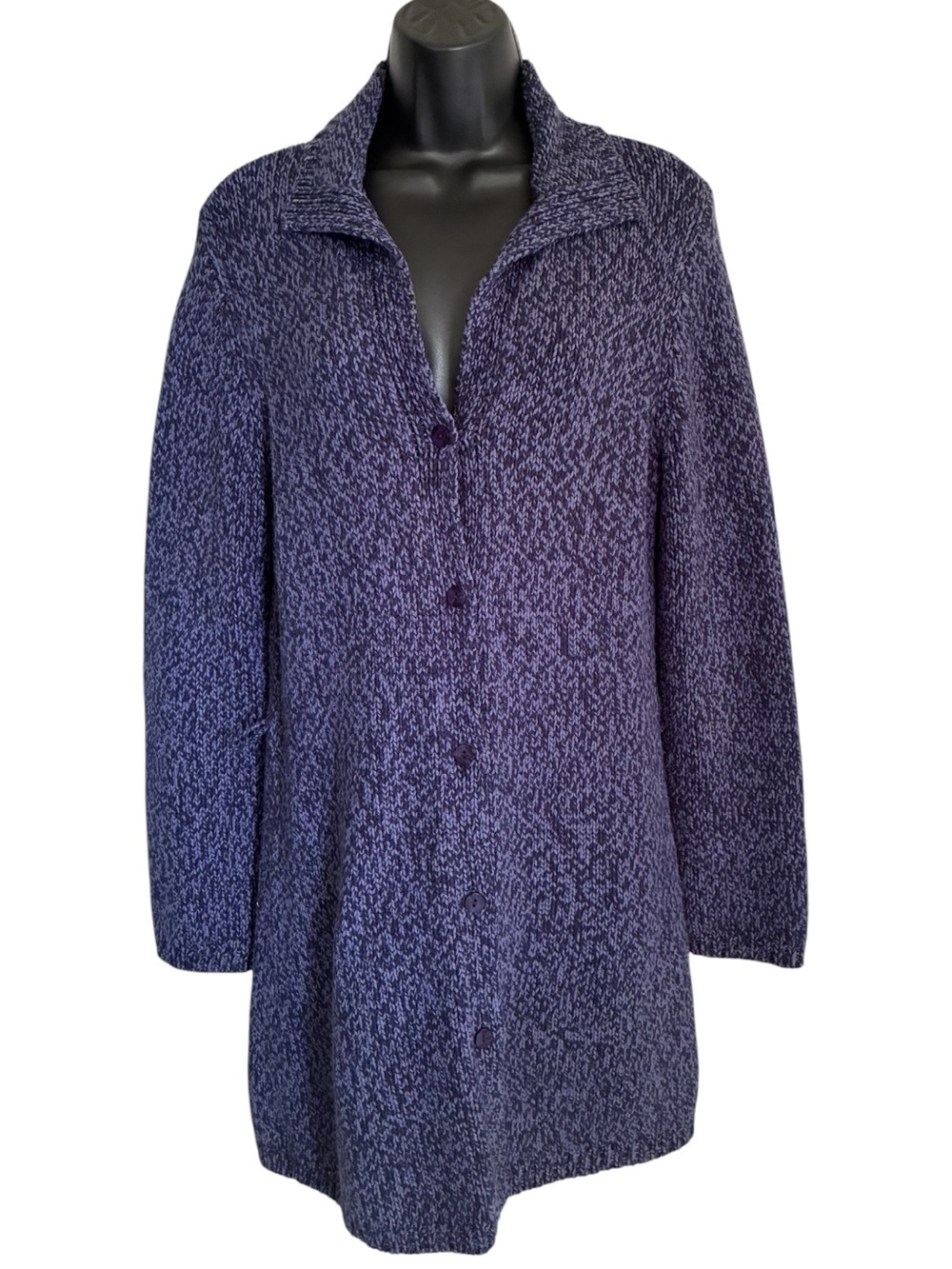 VTG Long Button Chunky Knit Cardigan Duster Blue Purple Sz M